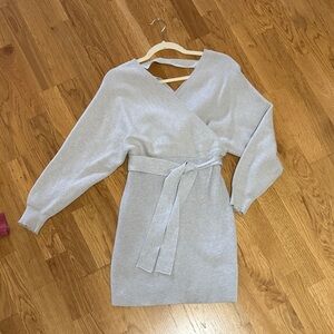 Women's Light Gray Knit Wrap Mini Dress with Self Tie Belt